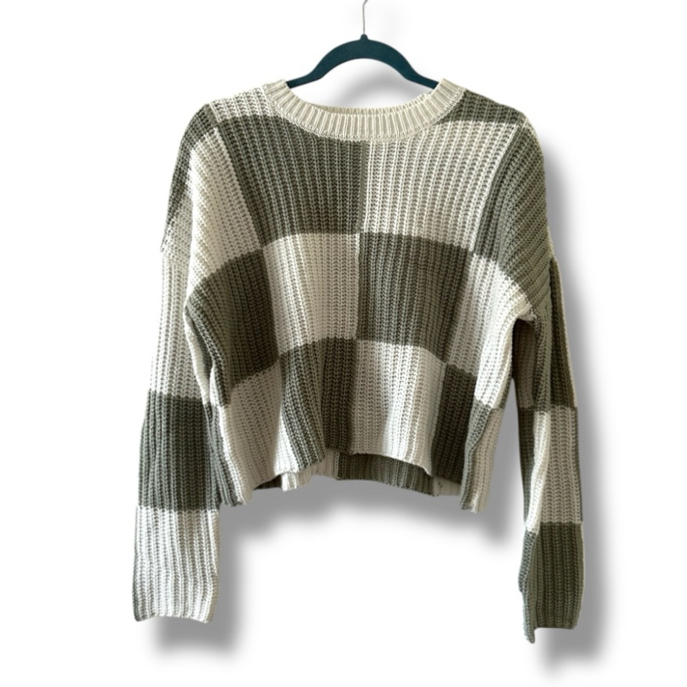 Moon & Madison Cropped Green Cream Checkered Sweater Women’s Size XS Preppy Fall